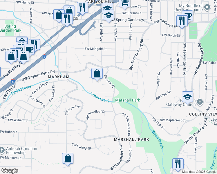 map of restaurants, bars, coffee shops, grocery stores, and more near 1838 Southwest Collins Court in Portland