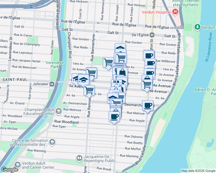 map of restaurants, bars, coffee shops, grocery stores, and more near 719 5e Avenue in Montréal