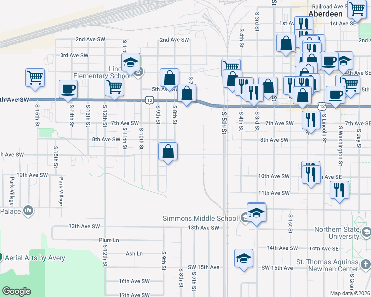 map of restaurants, bars, coffee shops, grocery stores, and more near 640 9th Avenue Southwest in Aberdeen