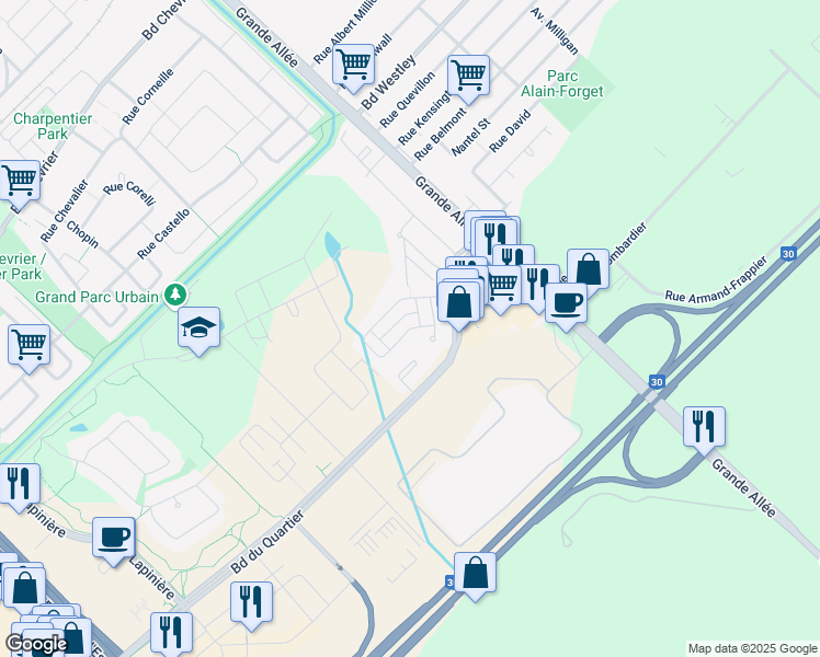 map of restaurants, bars, coffee shops, grocery stores, and more near Rue du Cormoran in Brossard