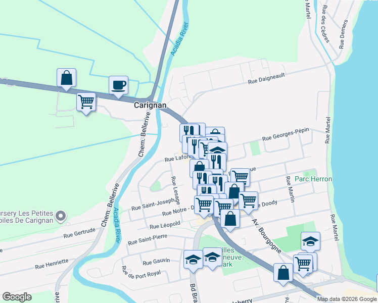map of restaurants, bars, coffee shops, grocery stores, and more near 740 Boulevard de Périgny in Chambly