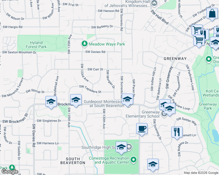 map of restaurants, bars, coffee shops, grocery stores, and more near 12880 Southwest Tapadera Street in Beaverton