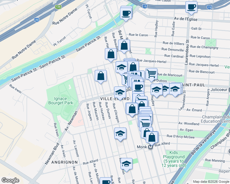 map of restaurants, bars, coffee shops, grocery stores, and more near 2631 Rue Jolicoeur in Montréal