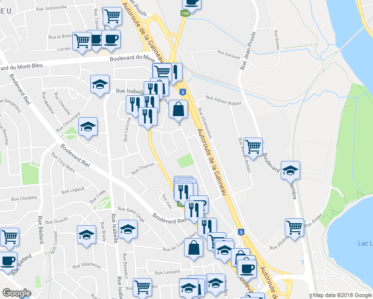 map of restaurants, bars, coffee shops, grocery stores, and more near 183 Rue Mutchmore in Gatineau