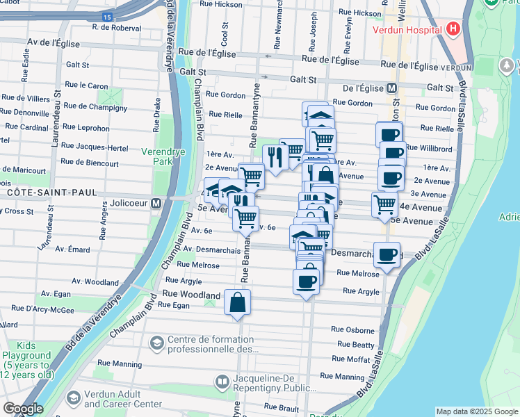 map of restaurants, bars, coffee shops, grocery stores, and more near 857 5e Avenue in Montréal