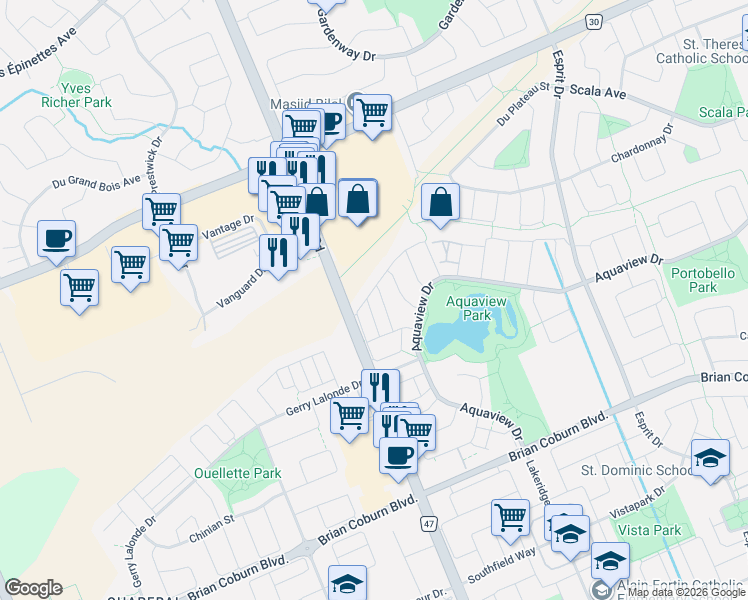 map of restaurants, bars, coffee shops, grocery stores, and more near 47 Cordage Street in Ottawa