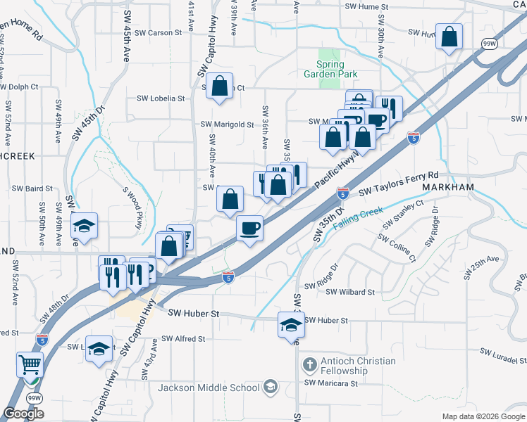map of restaurants, bars, coffee shops, grocery stores, and more near 3634 Southwest Baird Street in Portland
