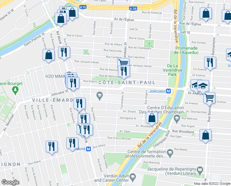 map of restaurants, bars, coffee shops, grocery stores, and more near 1841 Rue Holy Cross in Montréal