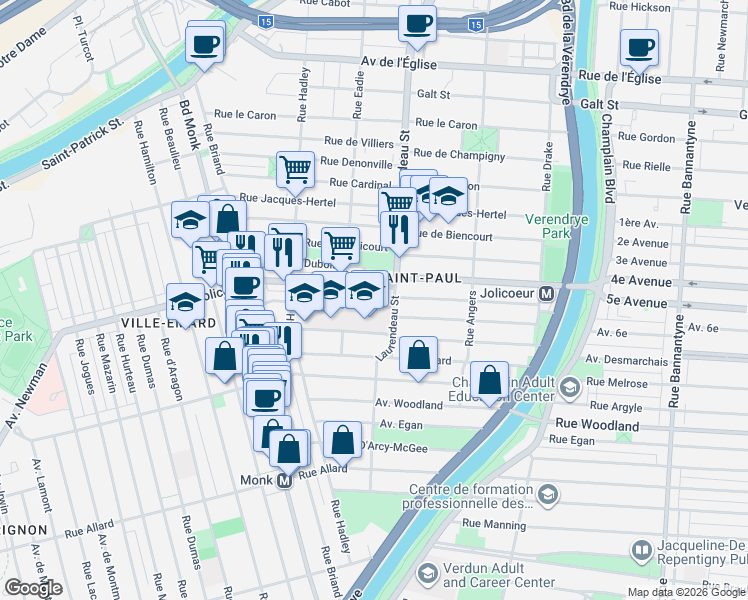 map of restaurants, bars, coffee shops, grocery stores, and more near 1839 Rue Holy Cross in Montréal