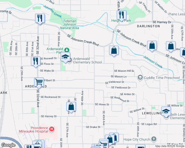 map of restaurants, bars, coffee shops, grocery stores, and more near 9135 SE 42nd Ave in Milwaukie