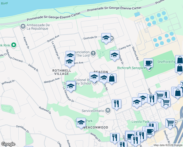 map of restaurants, bars, coffee shops, grocery stores, and more near 2383 Ogilvie Road in Ottawa