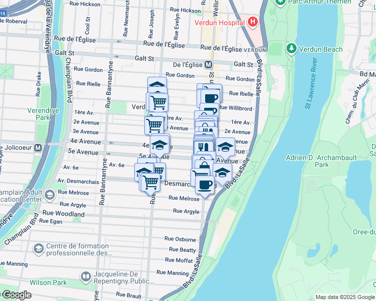 map of restaurants, bars, coffee shops, grocery stores, and more near 348 4e Avenue in Montréal