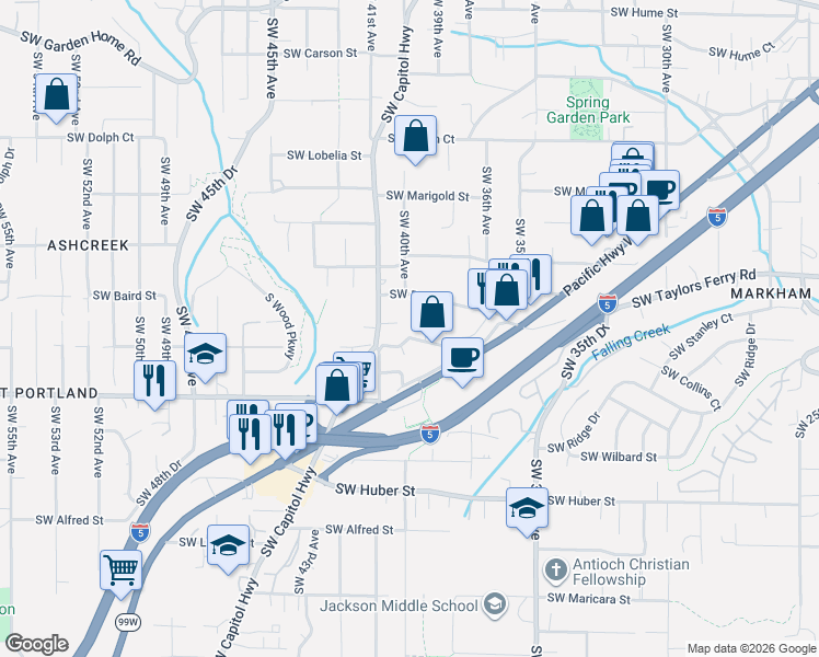 map of restaurants, bars, coffee shops, grocery stores, and more near 4002 Southwest Brugger Street in Portland