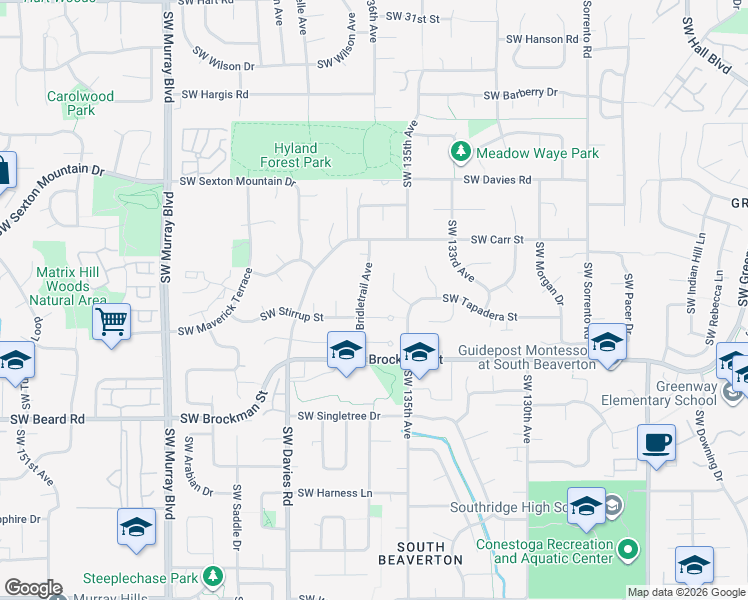 map of restaurants, bars, coffee shops, grocery stores, and more near 13620 Southwest Stirrup Court in Beaverton