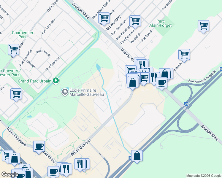 map of restaurants, bars, coffee shops, grocery stores, and more near 6140 Rue du Cormoran in Brossard