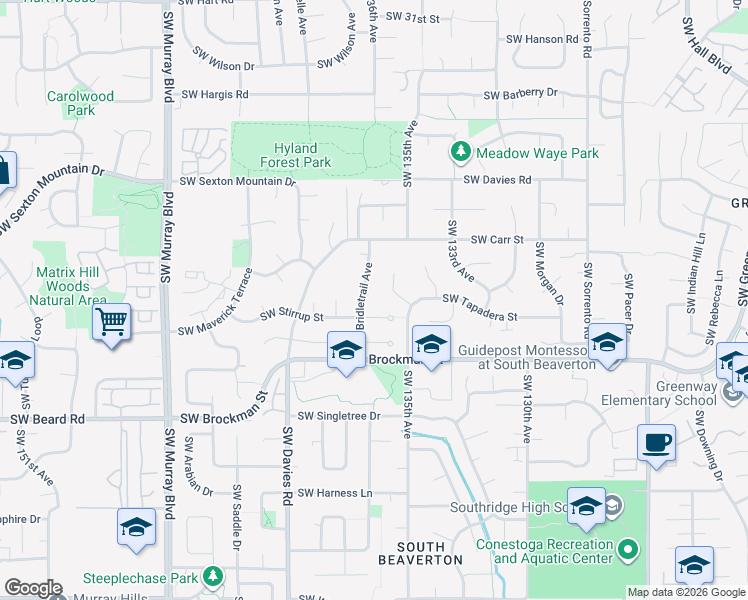 map of restaurants, bars, coffee shops, grocery stores, and more near 13620 Southwest Stirrup Court in Beaverton