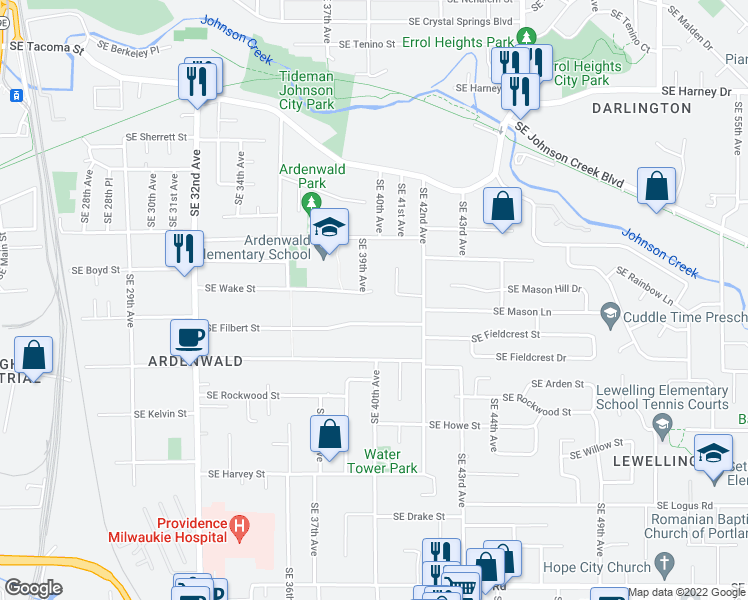map of restaurants, bars, coffee shops, grocery stores, and more near 3948 Southeast Wake Street in Milwaukie