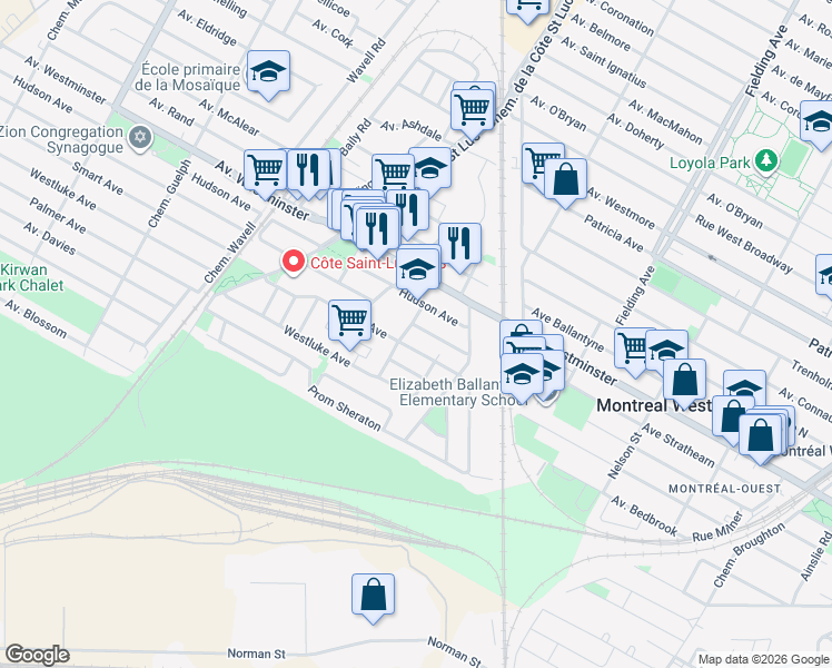 map of restaurants, bars, coffee shops, grocery stores, and more near 456 Avenue Wolseley in Montreal West