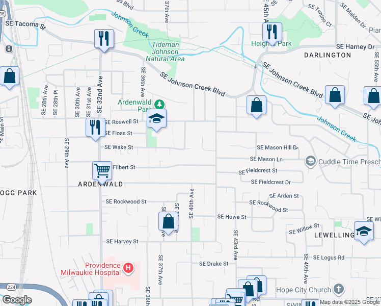 map of restaurants, bars, coffee shops, grocery stores, and more near 3948 Southeast Wake Street in Milwaukie