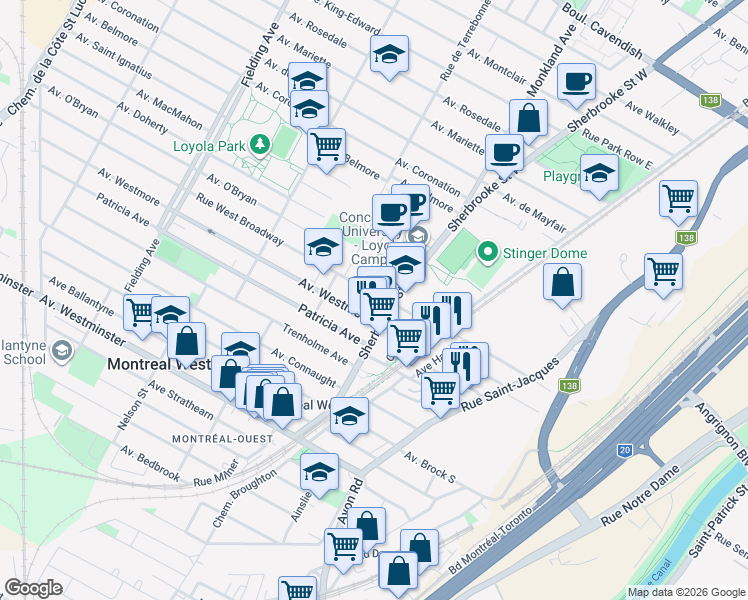 map of restaurants, bars, coffee shops, grocery stores, and more near 3420 Rue West Broadway in Montréal