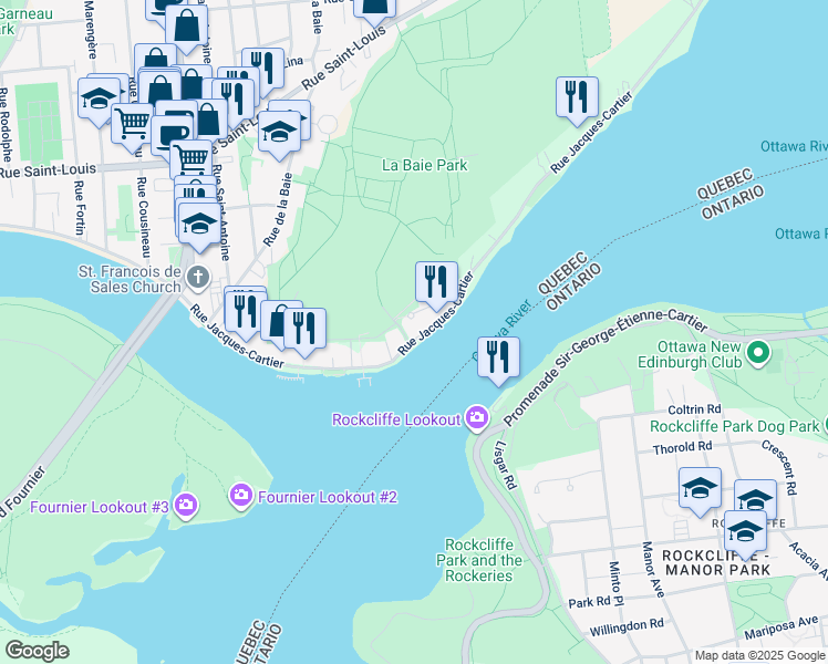 map of restaurants, bars, coffee shops, grocery stores, and more near 1035 Rue Jacques-Cartier in Gatineau