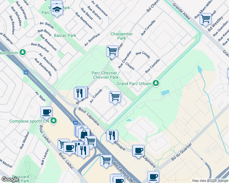 map of restaurants, bars, coffee shops, grocery stores, and more near 3945 Avenue Colomb in Brossard