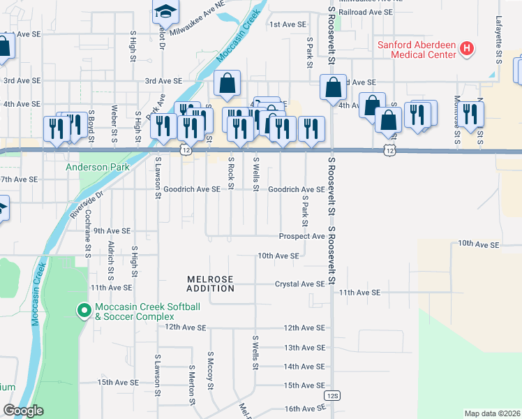 map of restaurants, bars, coffee shops, grocery stores, and more near 829 South Wells Street in Aberdeen