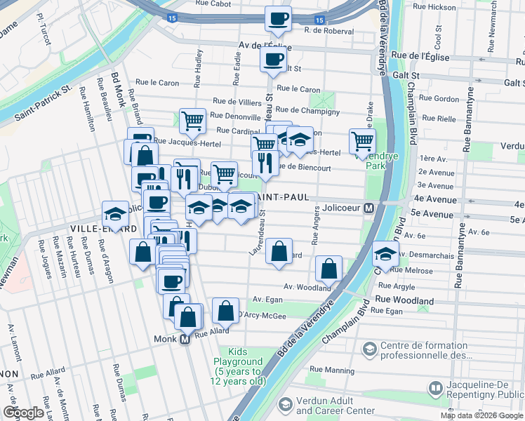 map of restaurants, bars, coffee shops, grocery stores, and more near Rue Holy Cross in Montréal