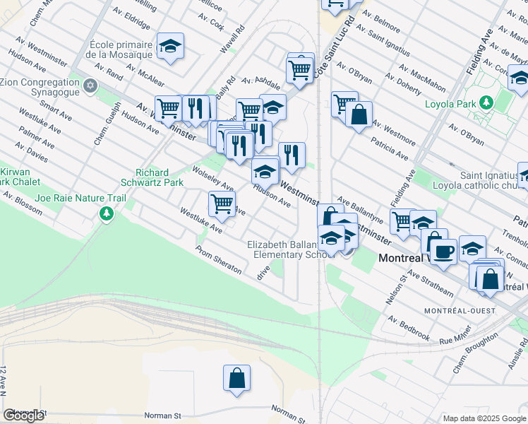map of restaurants, bars, coffee shops, grocery stores, and more near 456 Avenue Wolseley in Montreal West