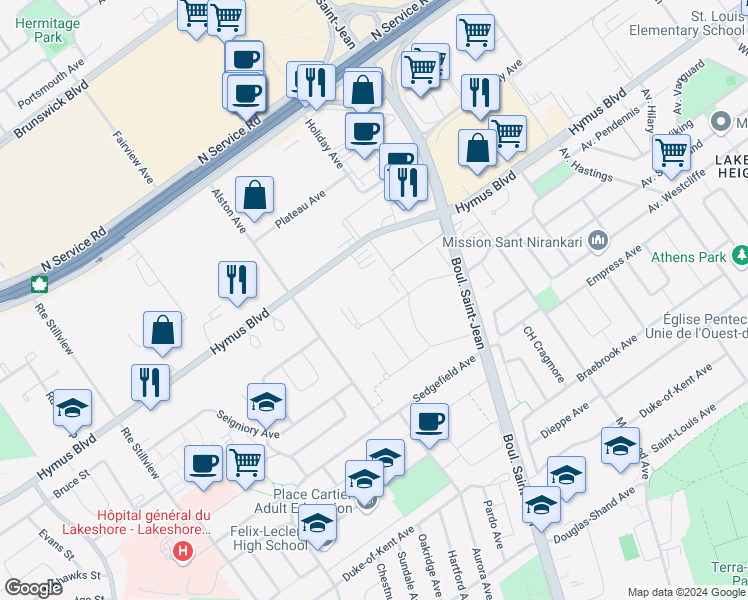 map of restaurants, bars, coffee shops, grocery stores, and more near 15 Avenue Gendron in Pointe-Claire