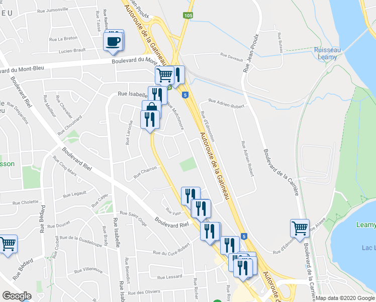 map of restaurants, bars, coffee shops, grocery stores, and more near 185 Rue Mutchmore in Gatineau