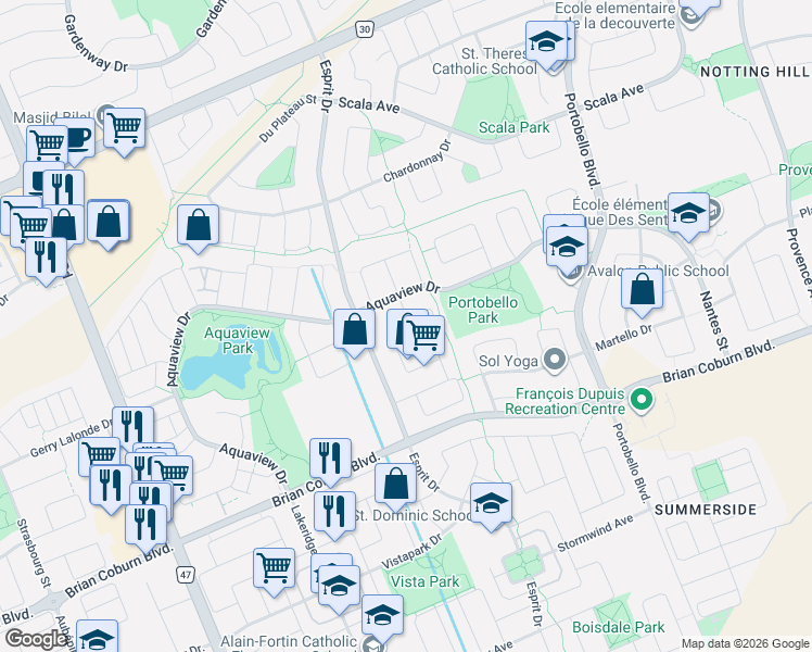 map of restaurants, bars, coffee shops, grocery stores, and more near 747 Larcastle Circle in Ottawa