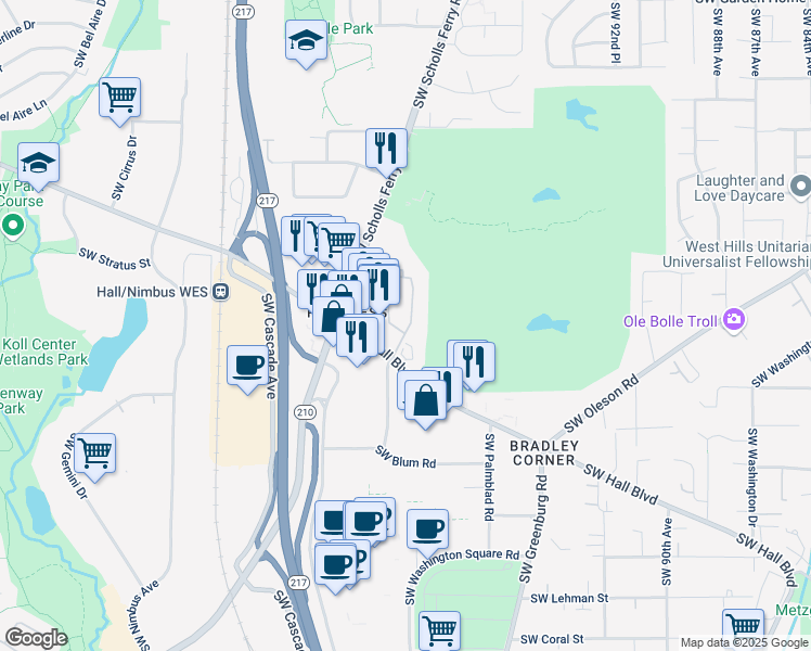 map of restaurants, bars, coffee shops, grocery stores, and more near 8829 Southwest Brightfield Circle in Tigard