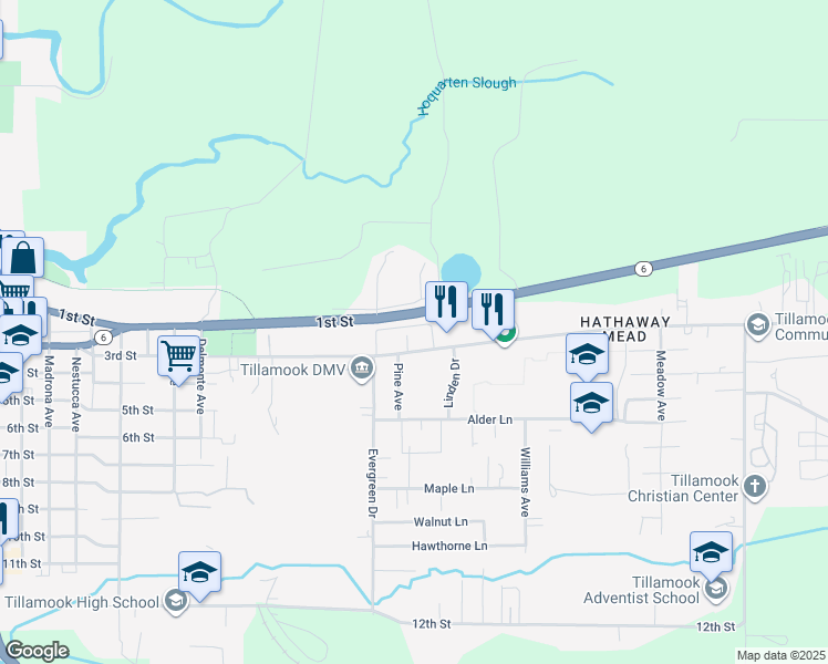 map of restaurants, bars, coffee shops, grocery stores, and more near 3509 3rd Street in Tillamook