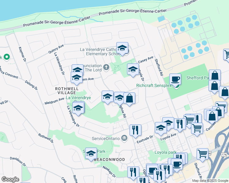 map of restaurants, bars, coffee shops, grocery stores, and more near 2383 Ogilvie Road in Ottawa