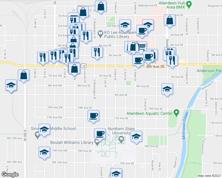 map of restaurants, bars, coffee shops, grocery stores, and more near 318 9th Avenue Southwest in Aberdeen
