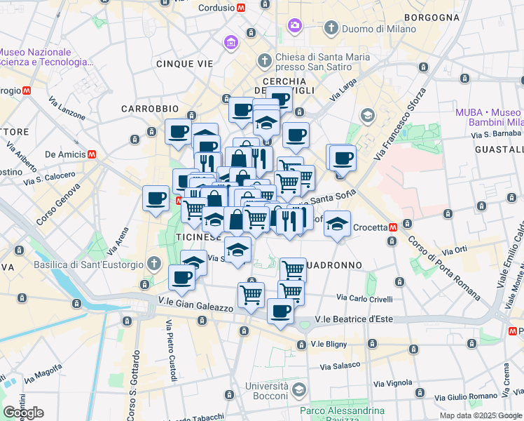 map of restaurants, bars, coffee shops, grocery stores, and more near 23 Corso Italia in Milano