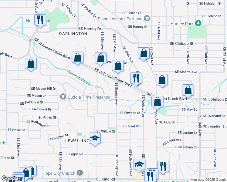 map of restaurants, bars, coffee shops, grocery stores, and more near 9311 Southeast Stanley Avenue in Milwaukie