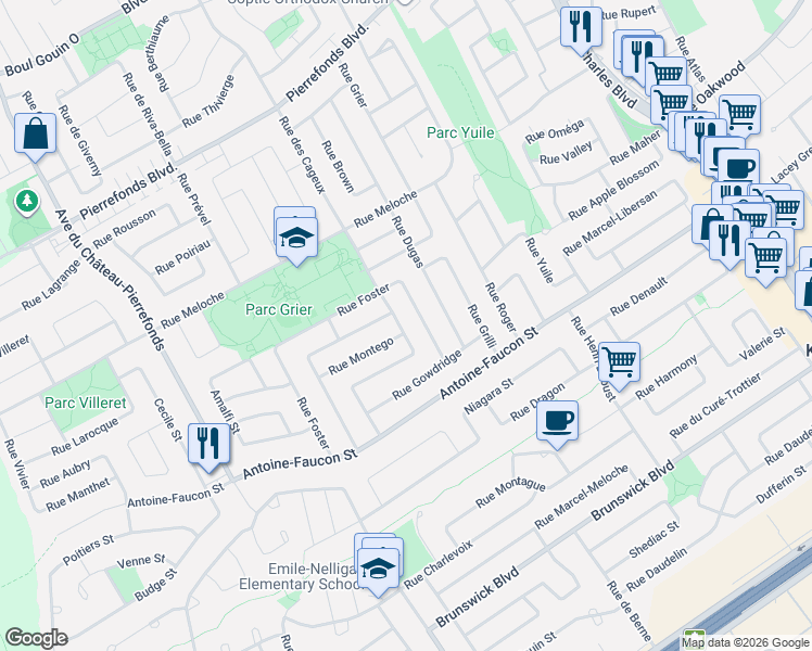 map of restaurants, bars, coffee shops, grocery stores, and more near 4557 Rue des Cageux in Montréal