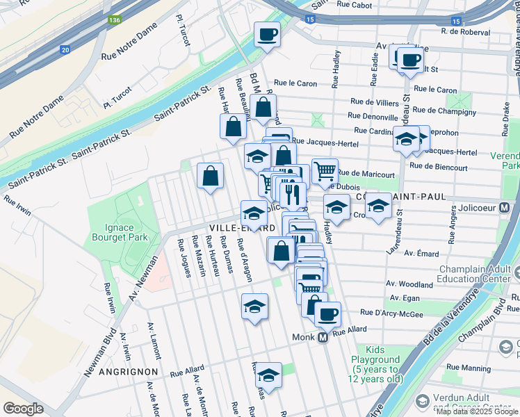 map of restaurants, bars, coffee shops, grocery stores, and more near 2537 Rue Jolicoeur in Montréal