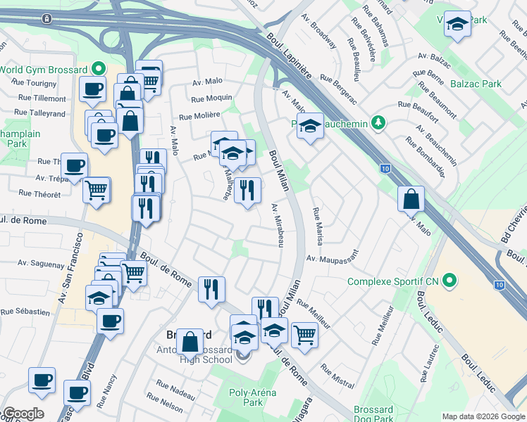 map of restaurants, bars, coffee shops, grocery stores, and more near 7410 Place Malraux in Brossard