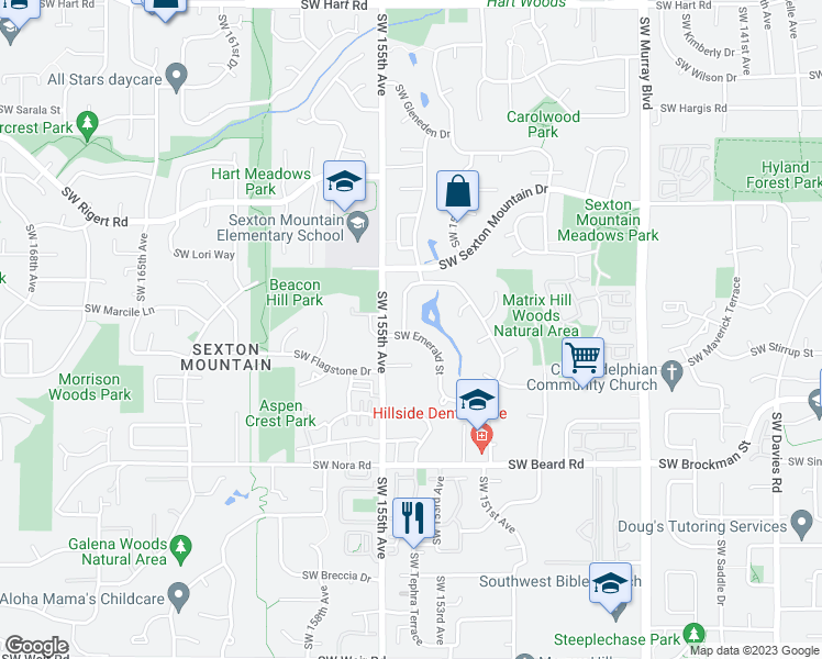 map of restaurants, bars, coffee shops, grocery stores, and more near 15395 Southwest Emerald Street in Beaverton