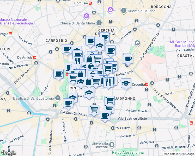 map of restaurants, bars, coffee shops, grocery stores, and more near 23 Corso Italia in Milano