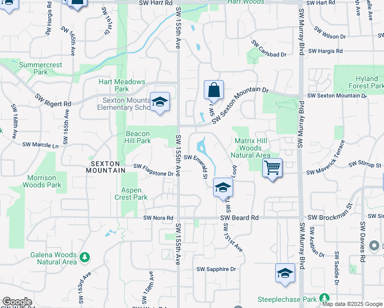 map of restaurants, bars, coffee shops, grocery stores, and more near 15395 Southwest Emerald Street in Beaverton