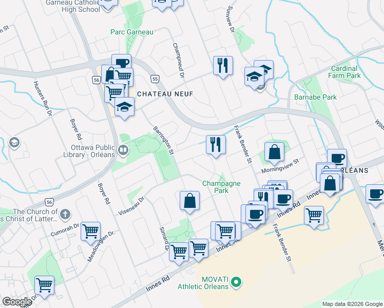 map of restaurants, bars, coffee shops, grocery stores, and more near 1769 Bromont Way in Ottawa