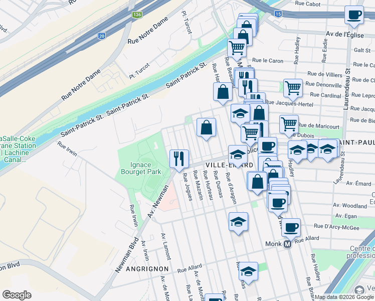 map of restaurants, bars, coffee shops, grocery stores, and more near 6037 Rue Mazarin in Montréal