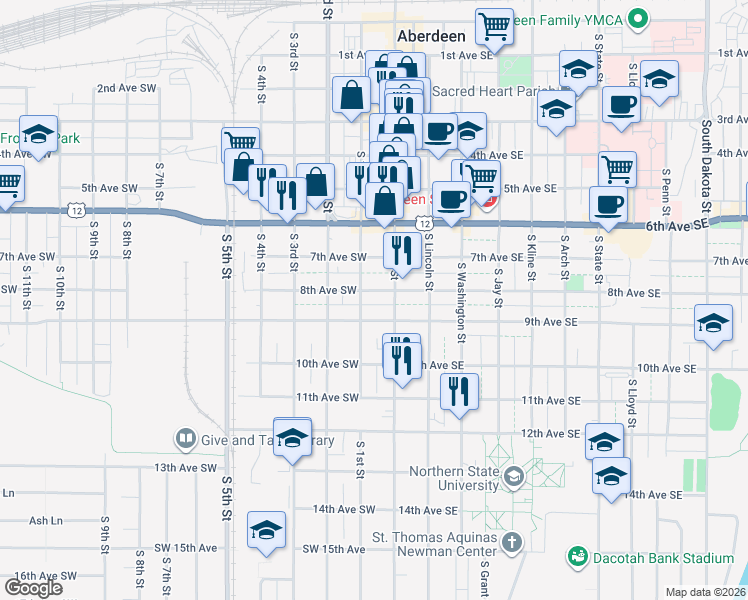 map of restaurants, bars, coffee shops, grocery stores, and more near 714 South Main Street in Aberdeen