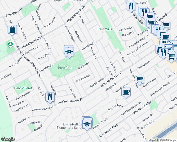 map of restaurants, bars, coffee shops, grocery stores, and more near 17728 Rue Charles-Munro in Montréal