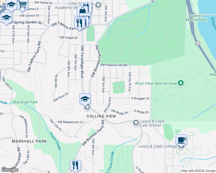 map of restaurants, bars, coffee shops, grocery stores, and more near 9405 Southwest 2nd Avenue in Portland