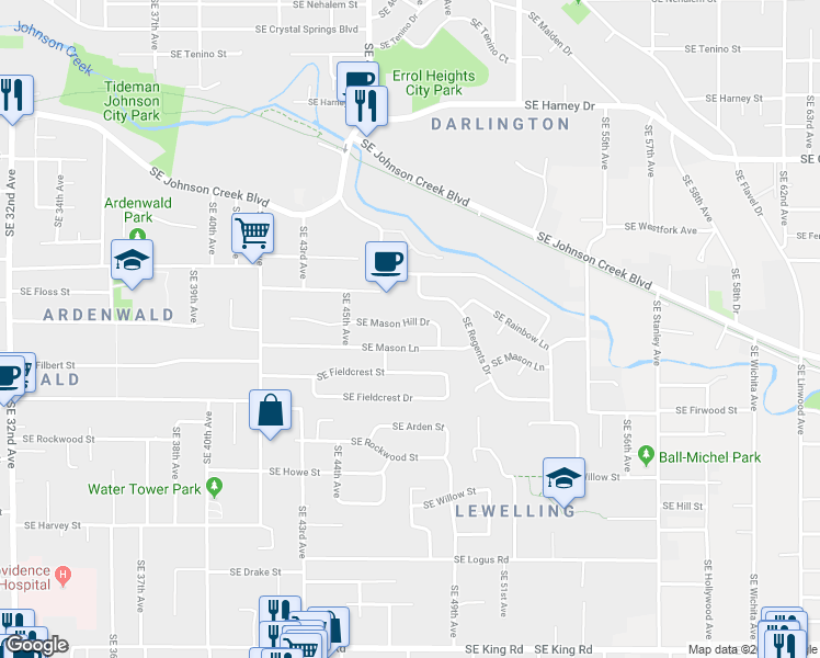 map of restaurants, bars, coffee shops, grocery stores, and more near 4704 Southeast Meadowcrest Court in Milwaukie